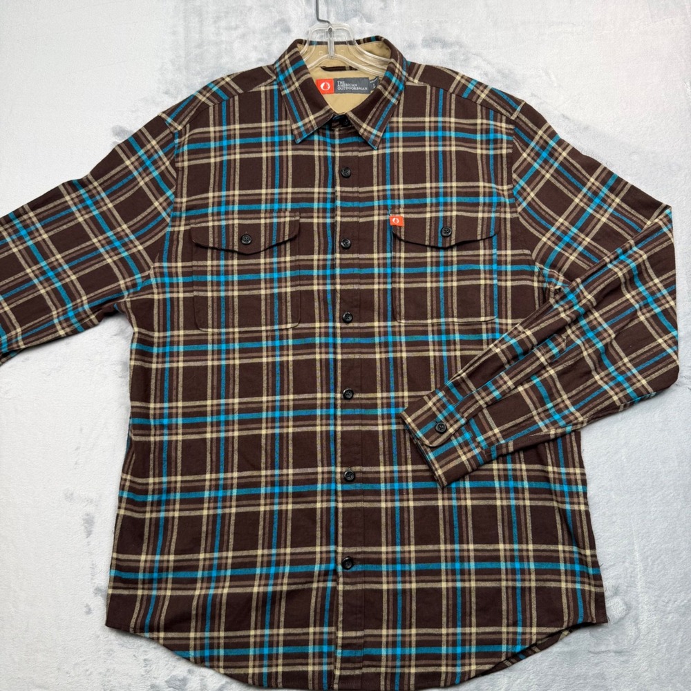 The American Outdoorsman Flannel Shirt Mens L Brown Plaid Long Sleeve Button Up - Picture 4 of 12